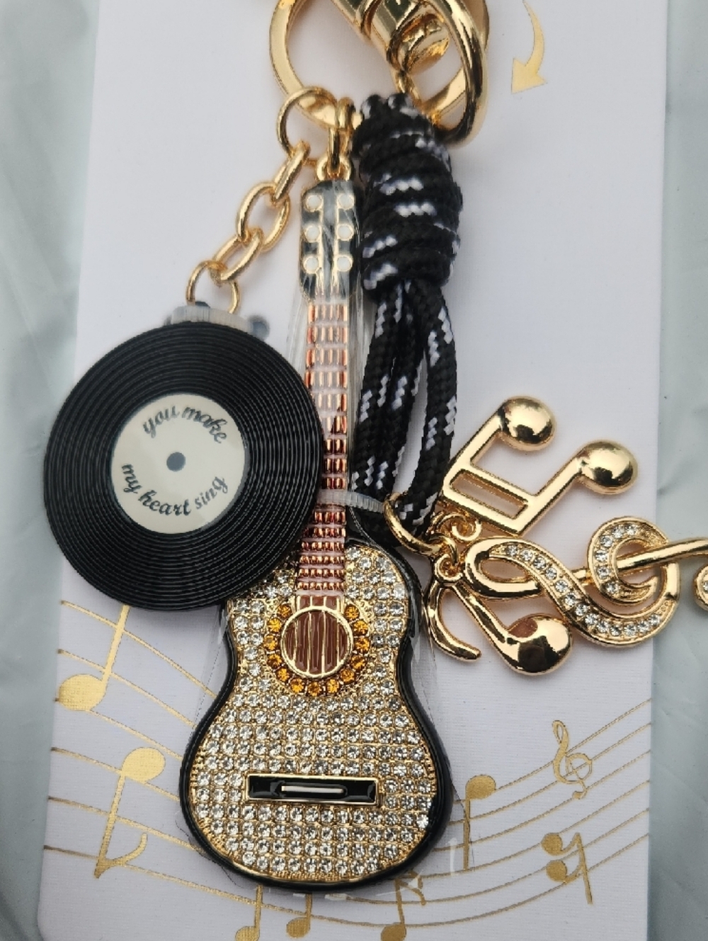 Piper- K Gold-Tone Guitar Keychain/Bag Charm w Black Vinyl Record & Bling Notes - Picture 3 of 3